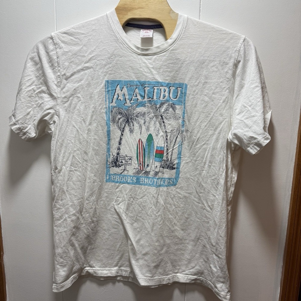 Brooks Brothers Shirt Mens Size 2XL White Malibu Graphic‎ Tee Surf Beach